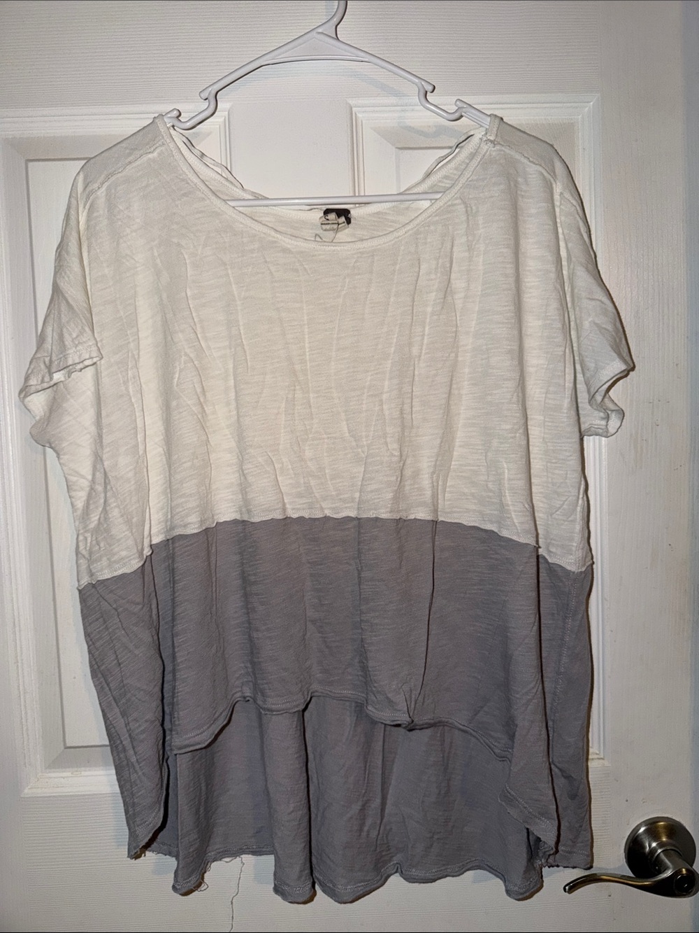 We The Free People Gray White Colorblock Slub Knit High Low Oversized Tee